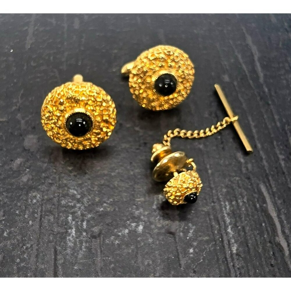 Vintage Gold Tone Cufflinks & Tie Tack Set With Black Onyx Accent Swank JE359